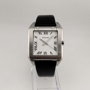 I Like Mikes Mid Century Modern Watches Tourneau Men's Large Silver Tone Watch, White Square Dial, Black Genuine Leather Strap