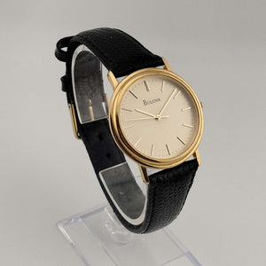 I Like Mikes Mid Century Modern Watches Unisex Bulova Gold Tone Watch, Circular Dial, Lizard Strap