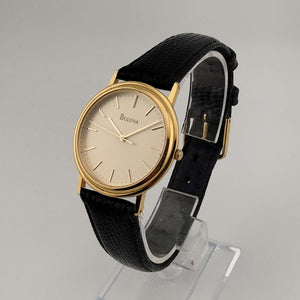 I Like Mikes Mid Century Modern Watches Unisex Bulova Gold Tone Watch, Circular Dial, Lizard Strap