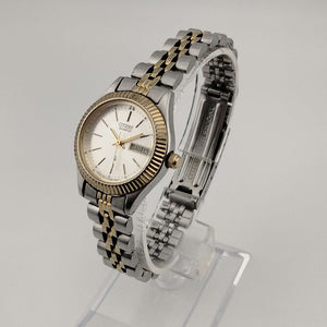I Like Mikes Mid Century Modern Watches Unisex Citizen Silver Tone Watch, Gold Tone Accents, Round Dial, Date and Day, Link Strap