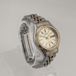 I Like Mikes Mid Century Modern Watches Unisex Citizen Silver Tone Watch, Round Gold Tone Dial, Date and Day, Link Strap
