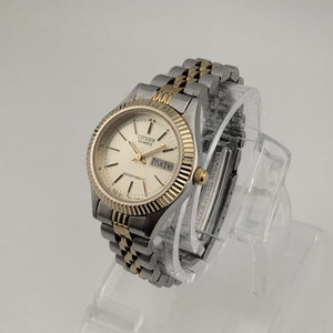 I Like Mikes Mid Century Modern Watches Unisex Citizen Silver Tone Watch, Round Gold Tone Dial, Date and Day, Link Strap