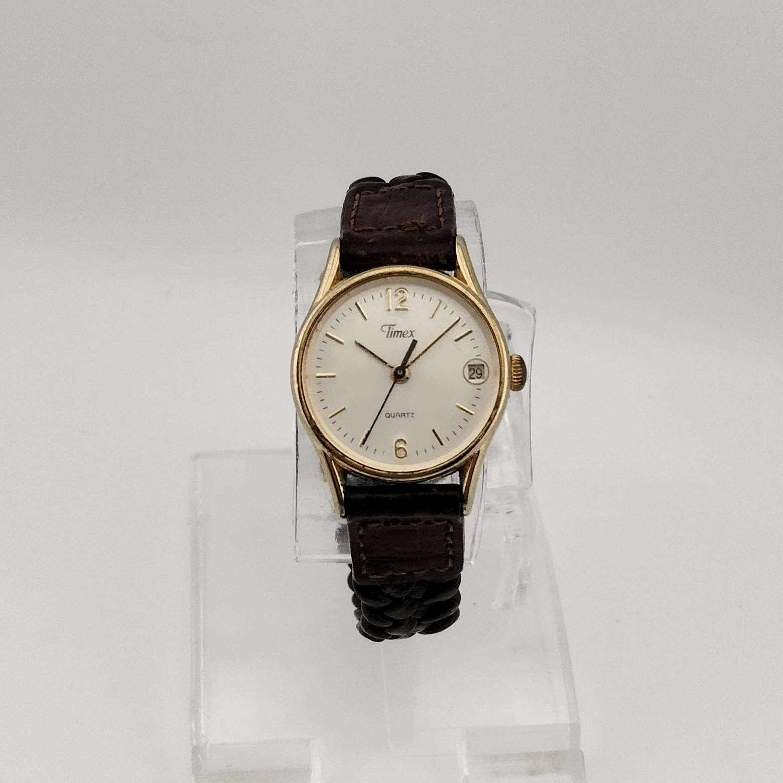 I Like Mikes Mid Century Modern Watches Unisex Timex Gold Tone Quartz Watch, Circular Dial, Date Window, Braided Brown Leather Strap