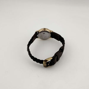 I Like Mikes Mid Century Modern Watches Unisex Timex Gold Tone Quartz Watch, Circular Dial, Date Window, Braided Brown Leather Strap