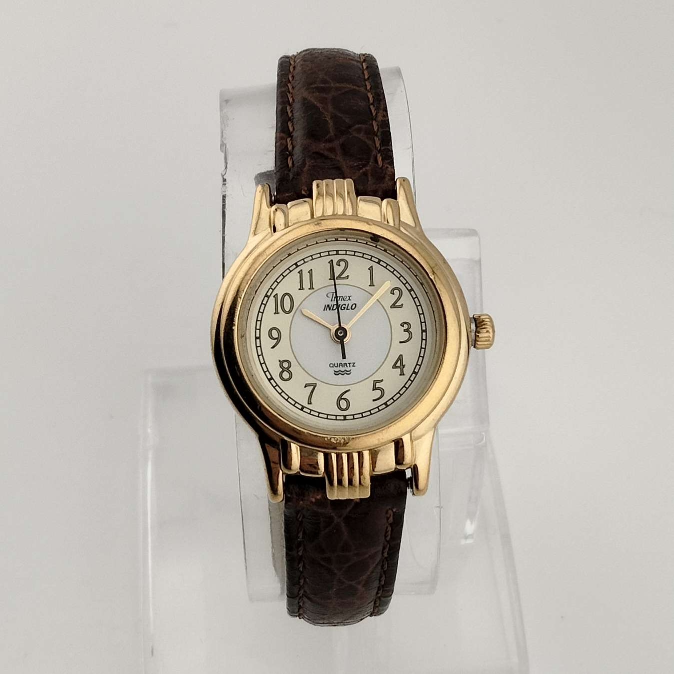 I Like Mikes Mid Century Modern Watches Unisex Timex Indiglo Gold Tone Watch, Circular Dial, Brown Genuine Leather Strap