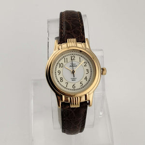 I Like Mikes Mid Century Modern Watches Unisex Timex Indiglo Gold Tone Watch, Circular Dial, Brown Genuine Leather Strap