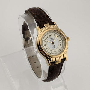 I Like Mikes Mid Century Modern Watches Unisex Timex Indiglo Gold Tone Watch, Circular Dial, Brown Genuine Leather Strap