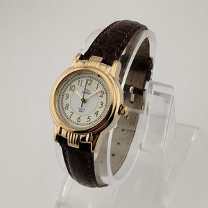 I Like Mikes Mid Century Modern Watches Unisex Timex Indiglo Gold Tone Watch, Circular Dial, Brown Genuine Leather Strap