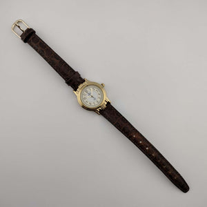 I Like Mikes Mid Century Modern Watches Unisex Timex Indiglo Gold Tone Watch, Circular Dial, Brown Genuine Leather Strap