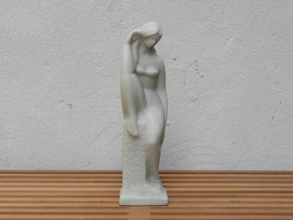 I Like Mikes Mid Century Modern White Stone Sitting Female Table Sculpture, Nude Table Sculpture