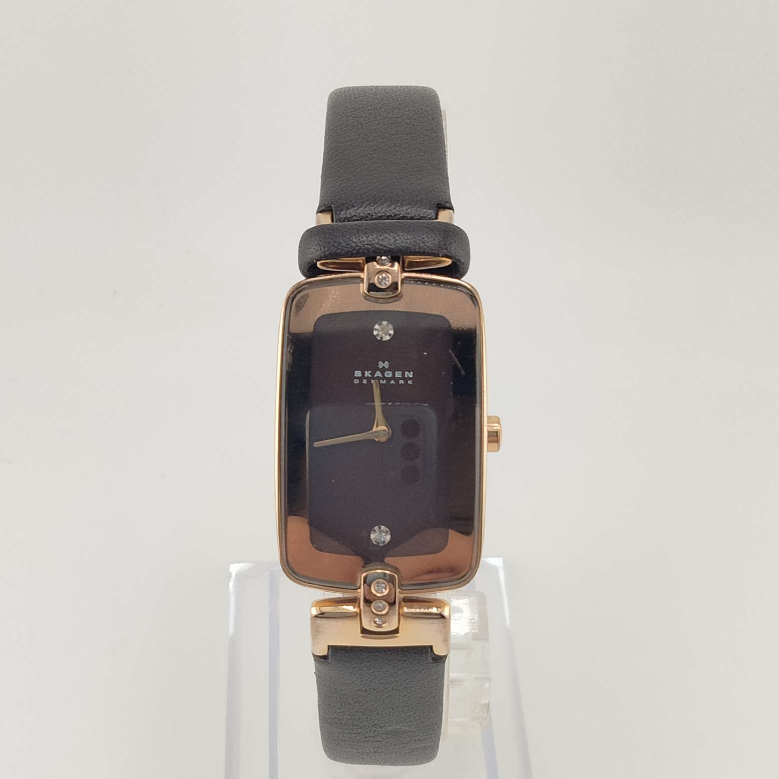 Skagen Petite Watch, Rectangular Brown Dial, Rose Tone Face, Jewel Accent Hour Marks, Brown Genuine Leather Strap