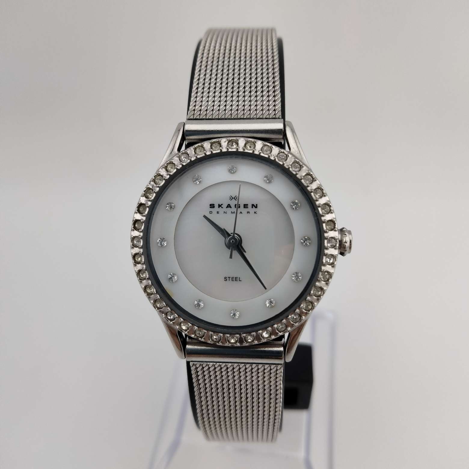 Skagen Silver Tone Women's Watch, Round Mother of Pearl Face with Crystal Border, Crystal Dot Markers, Mesh Strap