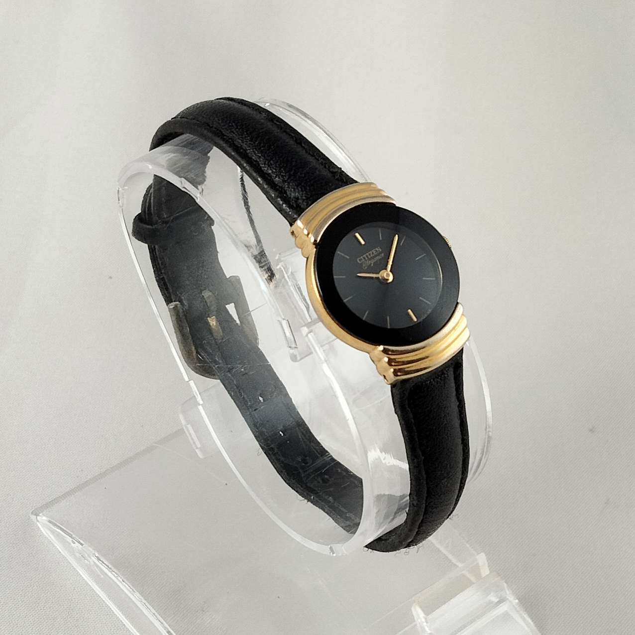 Citizen Women's Petite Gold Tone Watch, Black Genuine Leather Strap