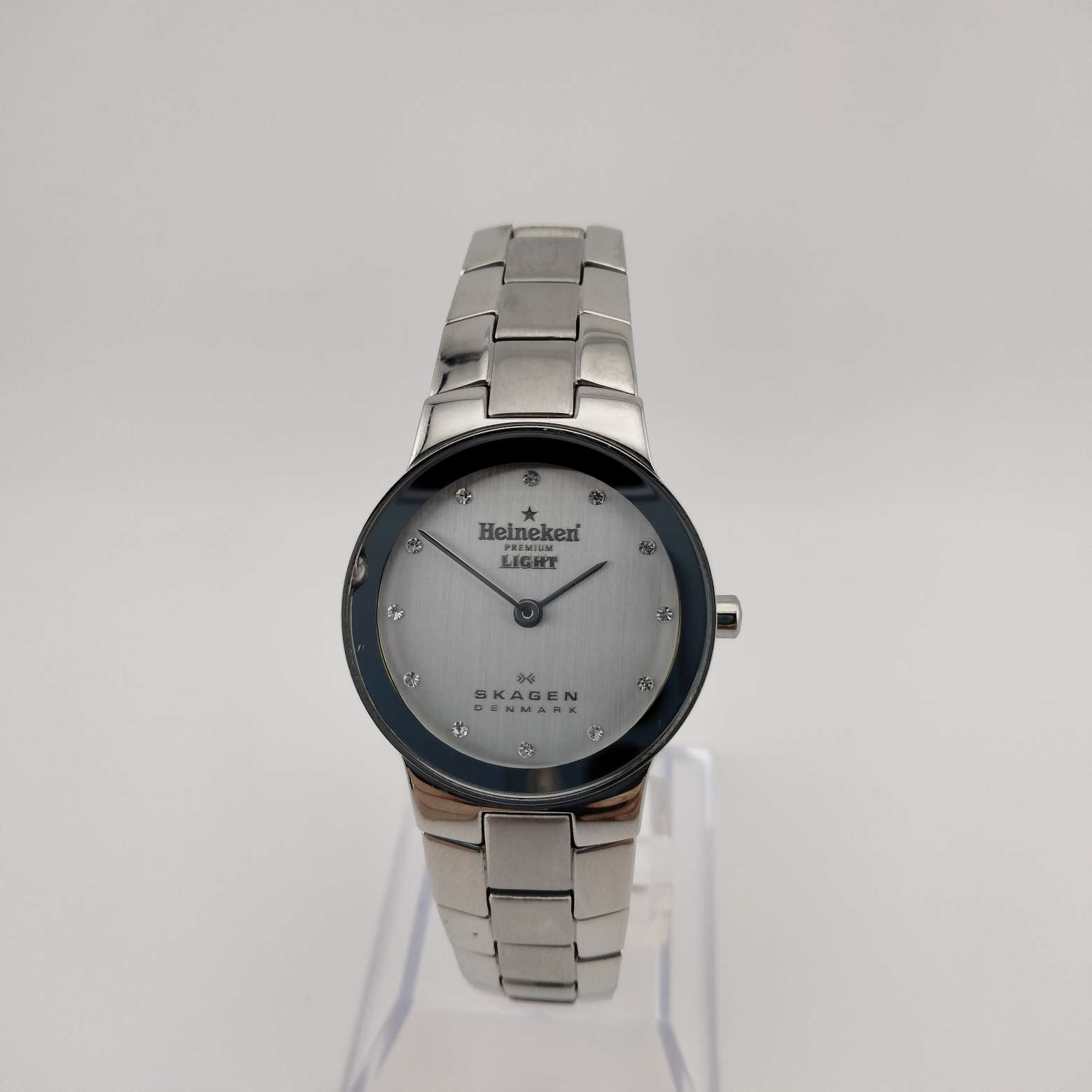 Skagen x Heineken Women's Silver Tone Watch, Round Dial, Crystal Dot Hour Markers, Bracelet Strap