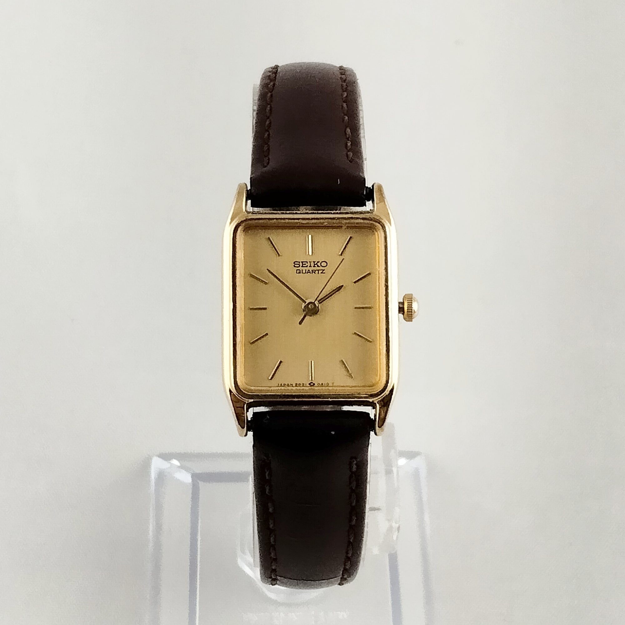 Seiko Unisex Watch, Square Gold Tone Dial, Genuine Brown Leather Strap