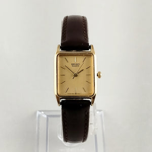 Seiko Unisex Watch, Square Gold Tone Dial, Genuine Brown Leather Strap
