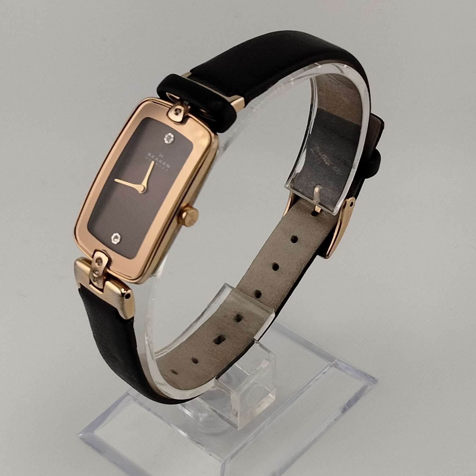 Skagen Petite Watch, Rectangular Brown Dial, Rose Tone Face, Jewel Accent Hour Marks, Brown Genuine Leather Strap