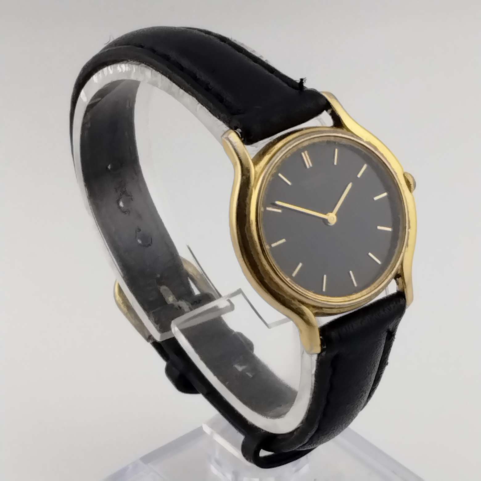 Seiko Quartz Women's Watch, Black Round Face with Gold Markers, Black Leather Strap