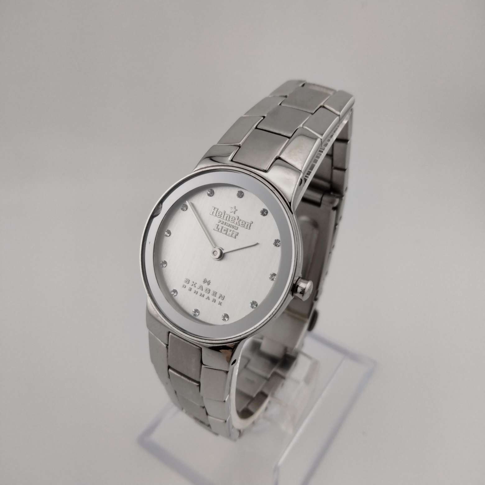 Skagen x Heineken Women's Silver Tone Watch, Round Dial, Crystal Dot Hour Markers, Bracelet Strap